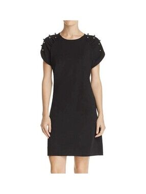 BETSEY JOHNSON NWT Women's Crepe Dress with Pearls on the Shoulder in Black-8